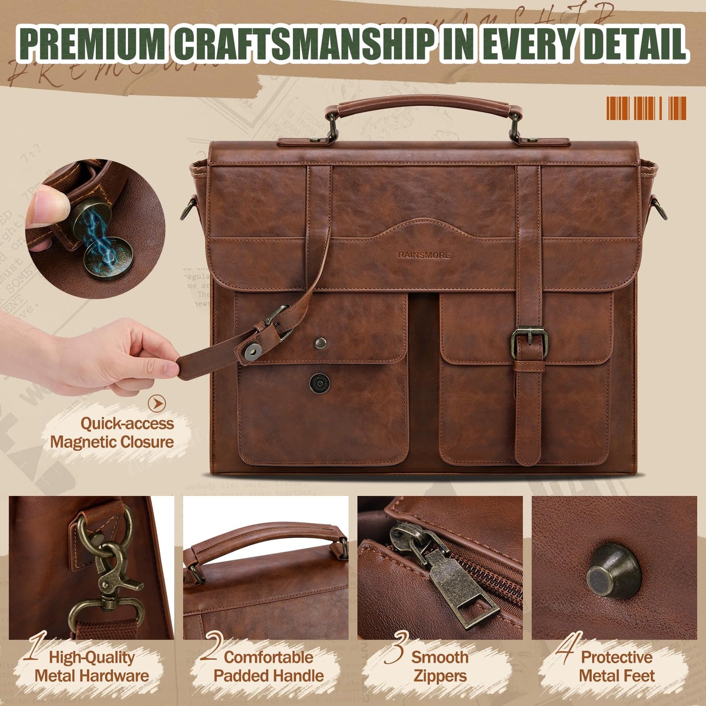 RAINSMORE Mens Messenger Bag 17 Inch Vintage Leather Laptop Briefcase Magnetic Closure Large Satchel Computer Shoulder Bag