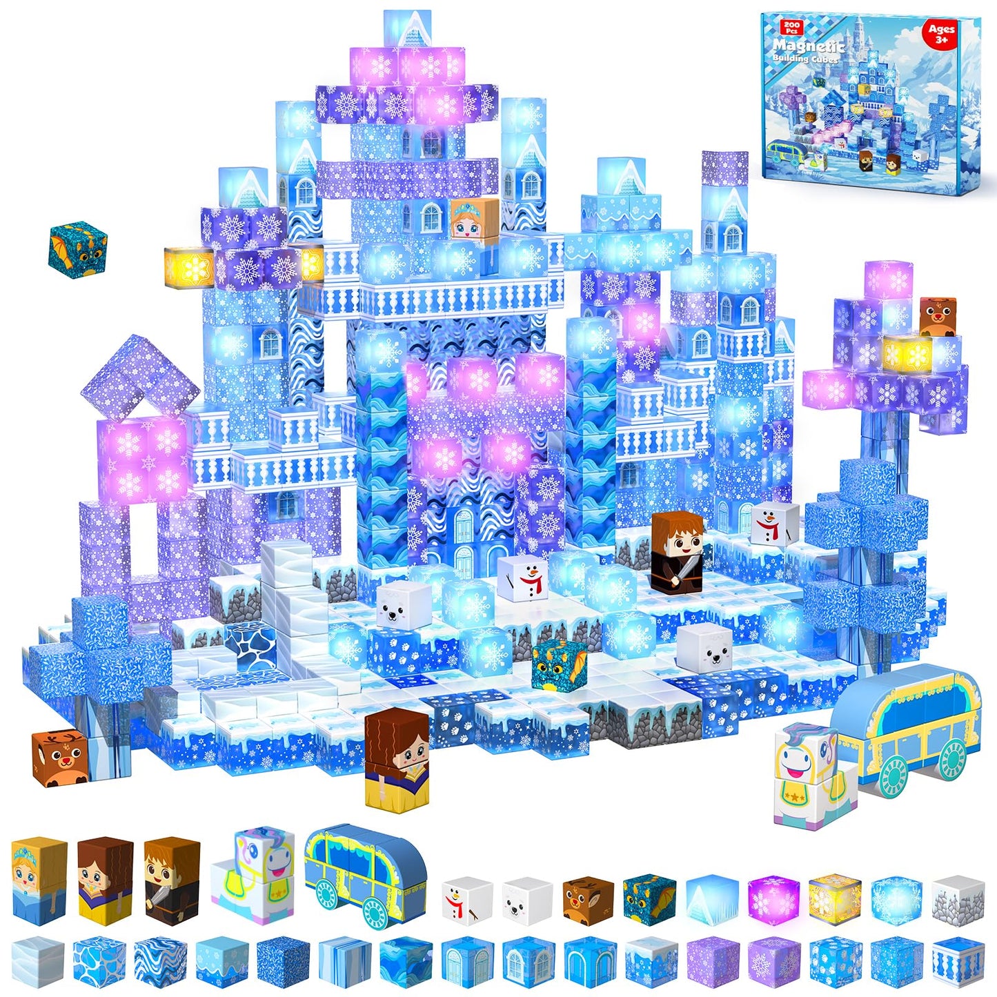 200 PCS Magnetic Blocks with Light Up Blocks - Transparent Magnetic Building Block for Kids Age 3+, Magnet Cubes Blue Castle, Magnets Toys Easter Birthday Gift for Boys Girls 4 5 6 7 8 9 10 11 12+