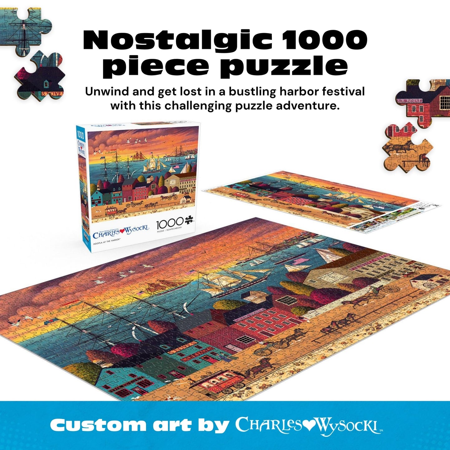 Buffalo Games Charles Wysocki - Hoopla at the Harbor - 1000 Piece Jigsaw Puzzle - Adult, 26.75 x 19.75 in - Includes Poster - Adult Jigsaw Puzzles