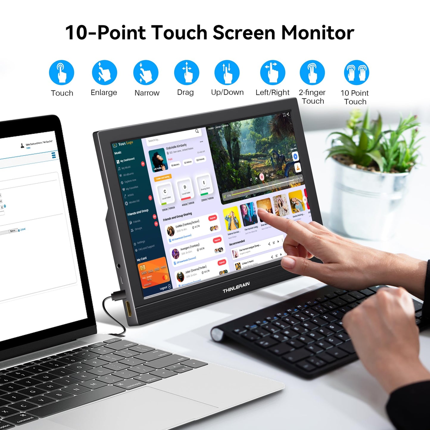 Thinlerain 11.6 Inch Portable Monitor Touchscreen, 10-Point Touch Screen Monitor Travel Screen with Kickstand & Speaker, HDMI USB C External Display for Laptop, PC, Phone