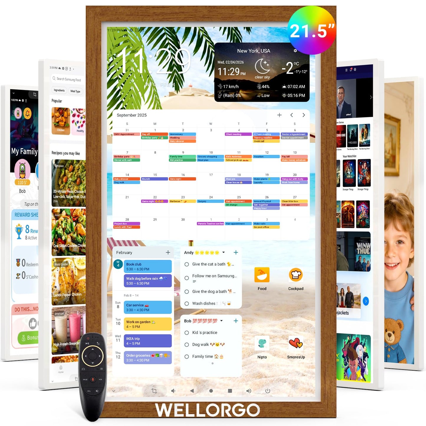 WELLORGO Digital Calendar Touch Screen, 21.5-inch Electronic Calendar for Wall, Smart Digital Planner with Kids' Chores Chart/Meal Plan/Streaming Services/Photo Display, Remote Control Supported