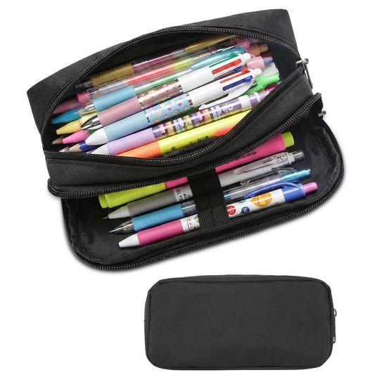 Della Gao Large Pencil Case, Big Capacity Pencil Pouch with 2 Compartments, Office Pencil Bag with Zipper, Big Pen Case for Adults (01-Black)