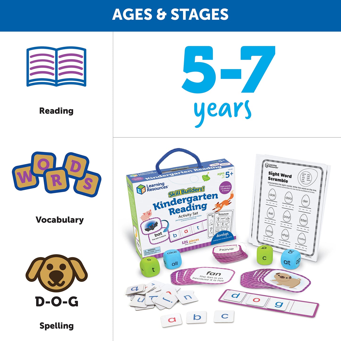 Learning Resources Skill Builders! Kindergarten Reading Activity Set - 122 Pieces, Ages 5+, Back to School Essential Materials, Homeschool Supplies