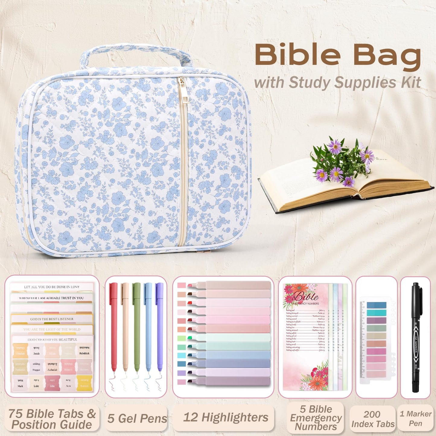 XKDOUS Bible Cover for Women Journaling Kit Quilted Bible Tote Bags Organizer with Pens, Tabs, Study Supplies Accessories Large Church Book Holder Christian Gifts for Lady, Friends