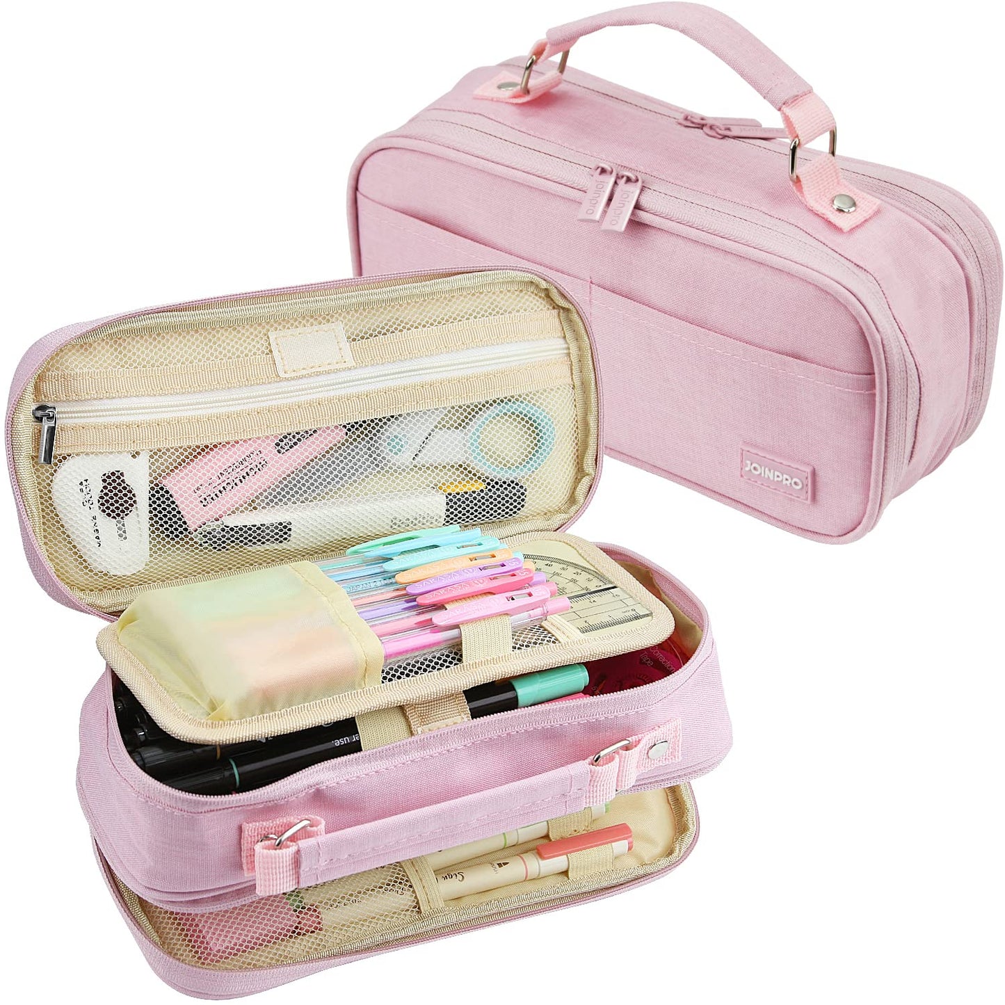 JOINPRO Large Capacity Pencil Case, 4 Compartment Pen Pouch Organizer with Double Zipper, Storage Bag for School, Office, Teen Girl Boy Men Women (Pink)