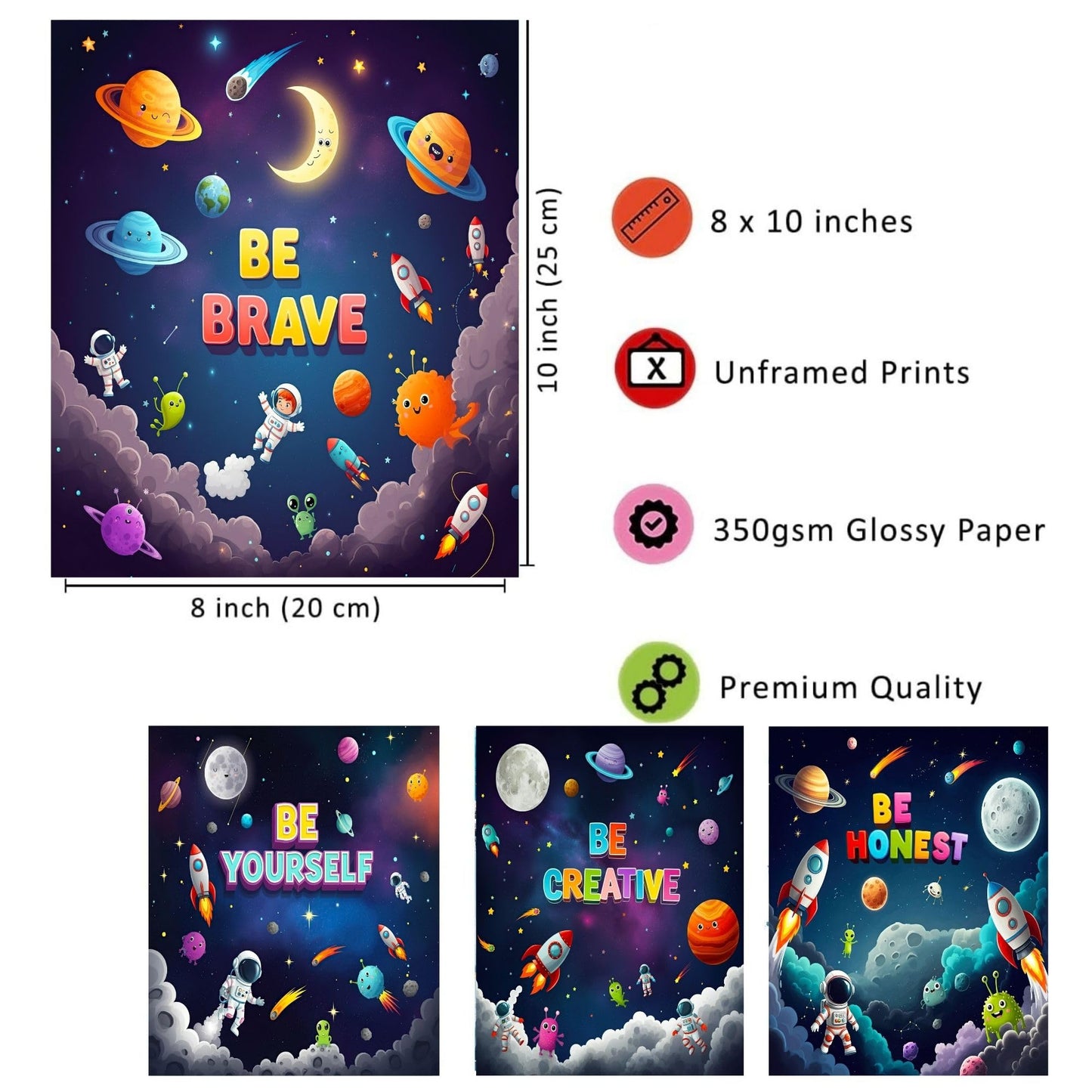 Bentolvia Set of 4 Outer Space Posters for Kids, 8 x 10 Inches Unframed Inspirational Art Decor for Boys and Girls, Playroom and Nursery Space Wall Art