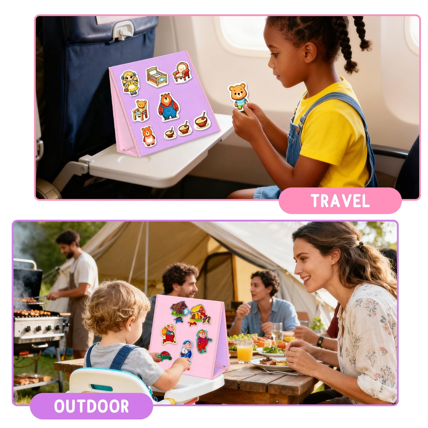 AKAYOK Foldable Felt Board - Double-Sided Flannel Story Board for Preschool Learning, Interactive Storytelling & Play | 33" x 12" Portable Felt Play Board for Home & Classroom Use (Pink)