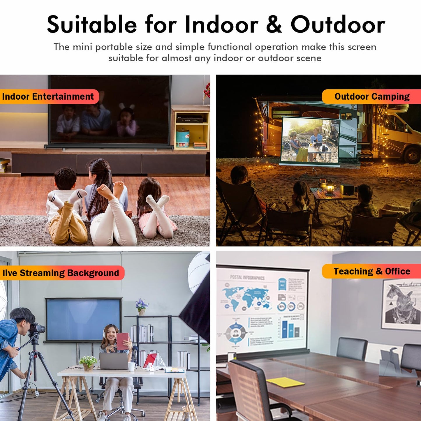 40" Inch Portable Projection Screen16:9 Small Retractable Floor Standing Mobile Tabletop Screen with Stand Lightweight Carry & Durable for Schools Meeting Indoor Outdoor