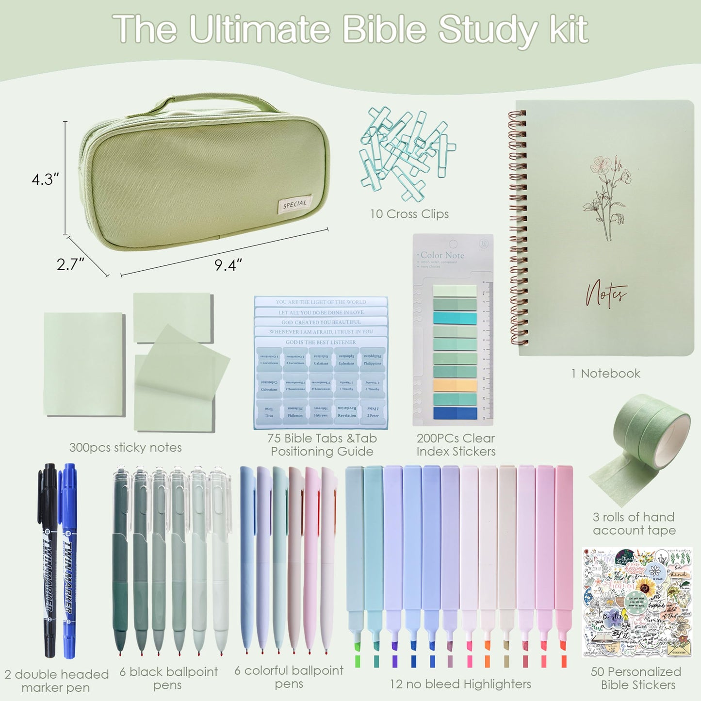 J6&H6 170Pcs Complete Bible Study Supplies Journaling Kit with Tabs, Highlighters and Color Pens, Notebook,Stickers & More Bible Accessories Set for Women, Beginner Christian Gifts(Green)