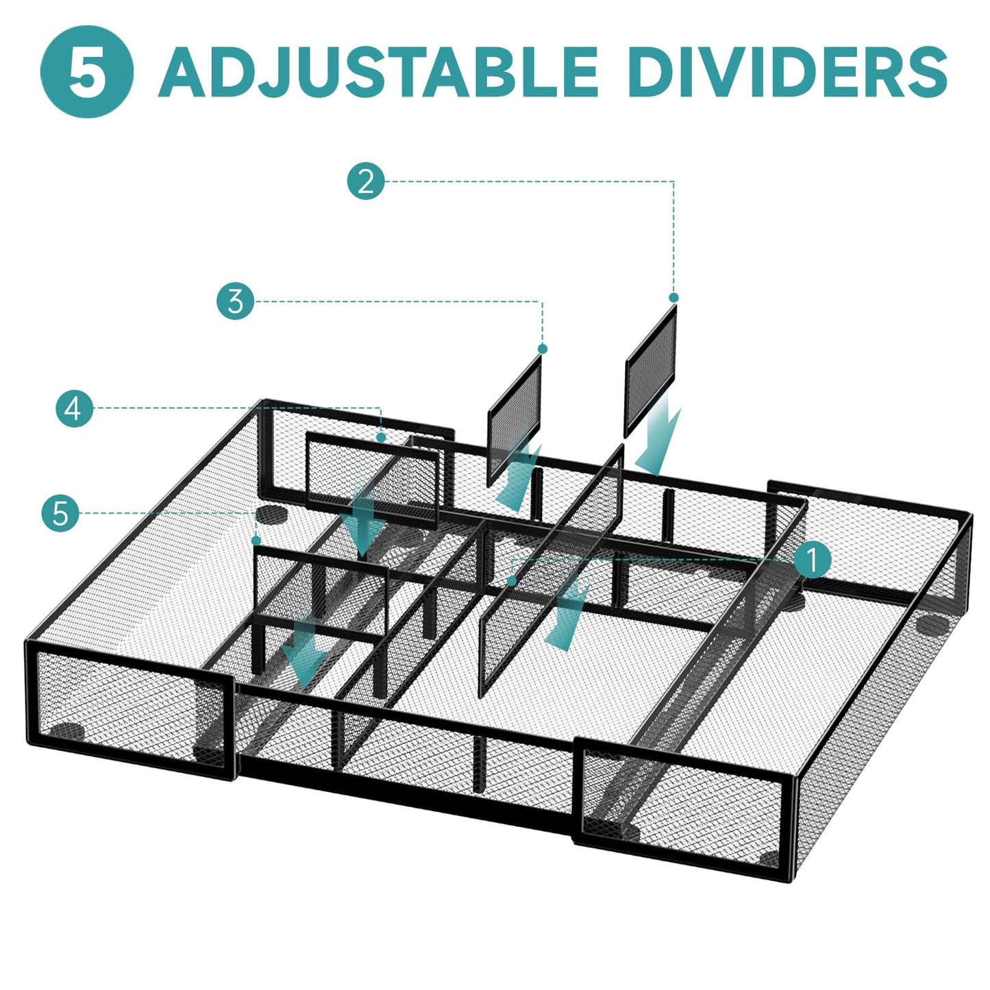 ReePlan 2 Pack Expandable Desk Drawer Organizer Tray with 10 Adjustable Compartments Metal Mesh Office Drawer Organizer for Home, School Supplies, Makeup Vanity & Jewelry (Black)