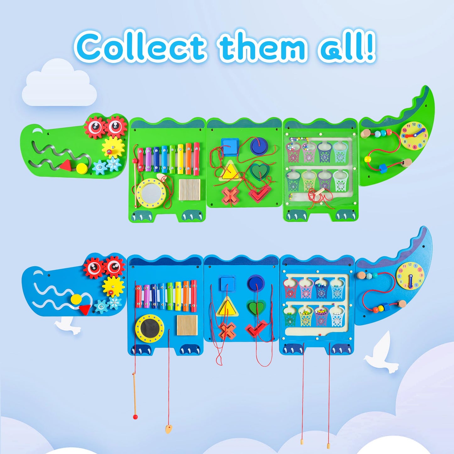 nigwet Crocodile Sensory Toys Activity Wall Panels, Educational Montessori Busy Board for Toddlers, Activity Cube - Sensory Wall, Wooden Learning Toys, Interactive Toy, Blue