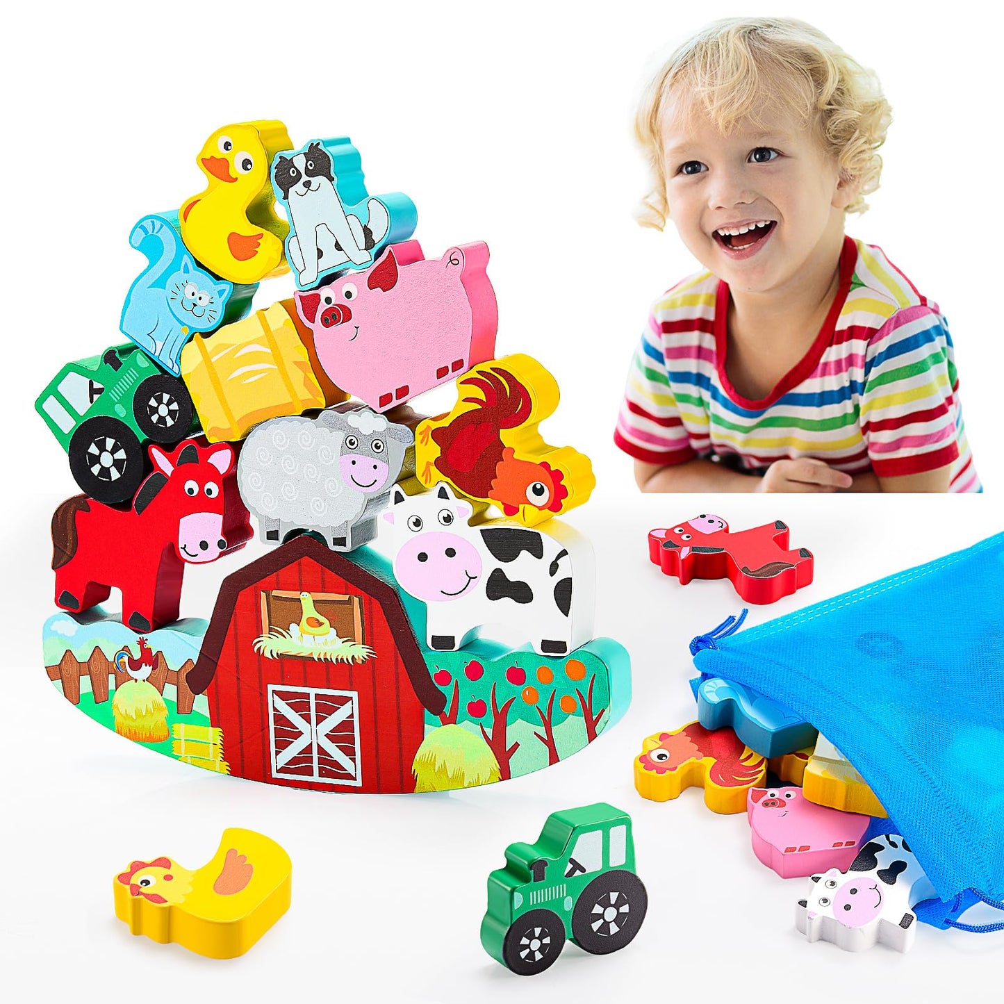 IPOURUP Montessori Toys for Kids 3-7 Wooden Farm Animal Blocks Stacking Games Educational Toy for 3 4 5 6 Year Old Girls Boys Christmas Birthday Gifts for Grandkids Toddler Balance Game Girls Age 3-5