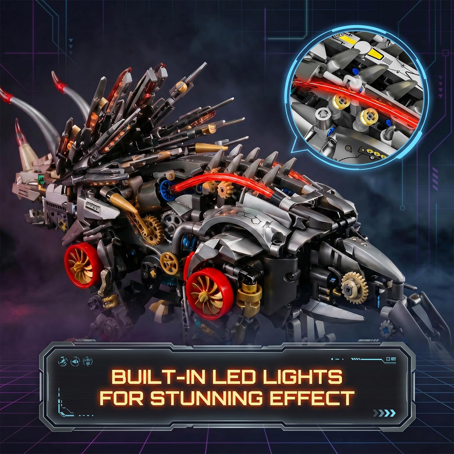 Myth Qholve Mechanical Triceratops Building Set with LED Lights, Engine & Generator, Remote Control Drive, Display Stand, Movable Gears, Large Scale RC Dinosaur Model for Home Office Decor, 1100+PCS