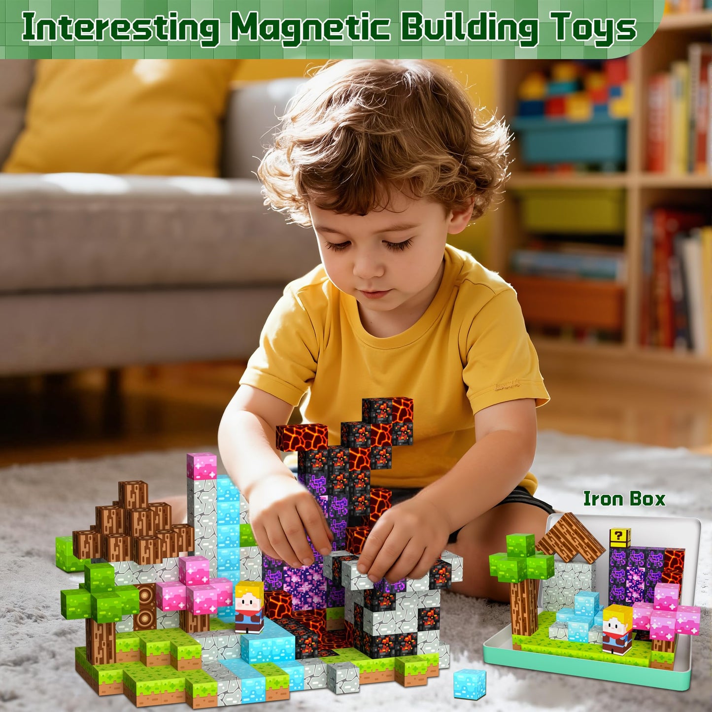 OUGUI 60PCS Mini Magnetic Blocks Travel Toys for Kids Ages 4-8: Magnet Building Blocks Magnetic Cubes with Iron Box STEM Educational Building Toys Christmas Birthday Gift for Boys Girls Toddlers Kids
