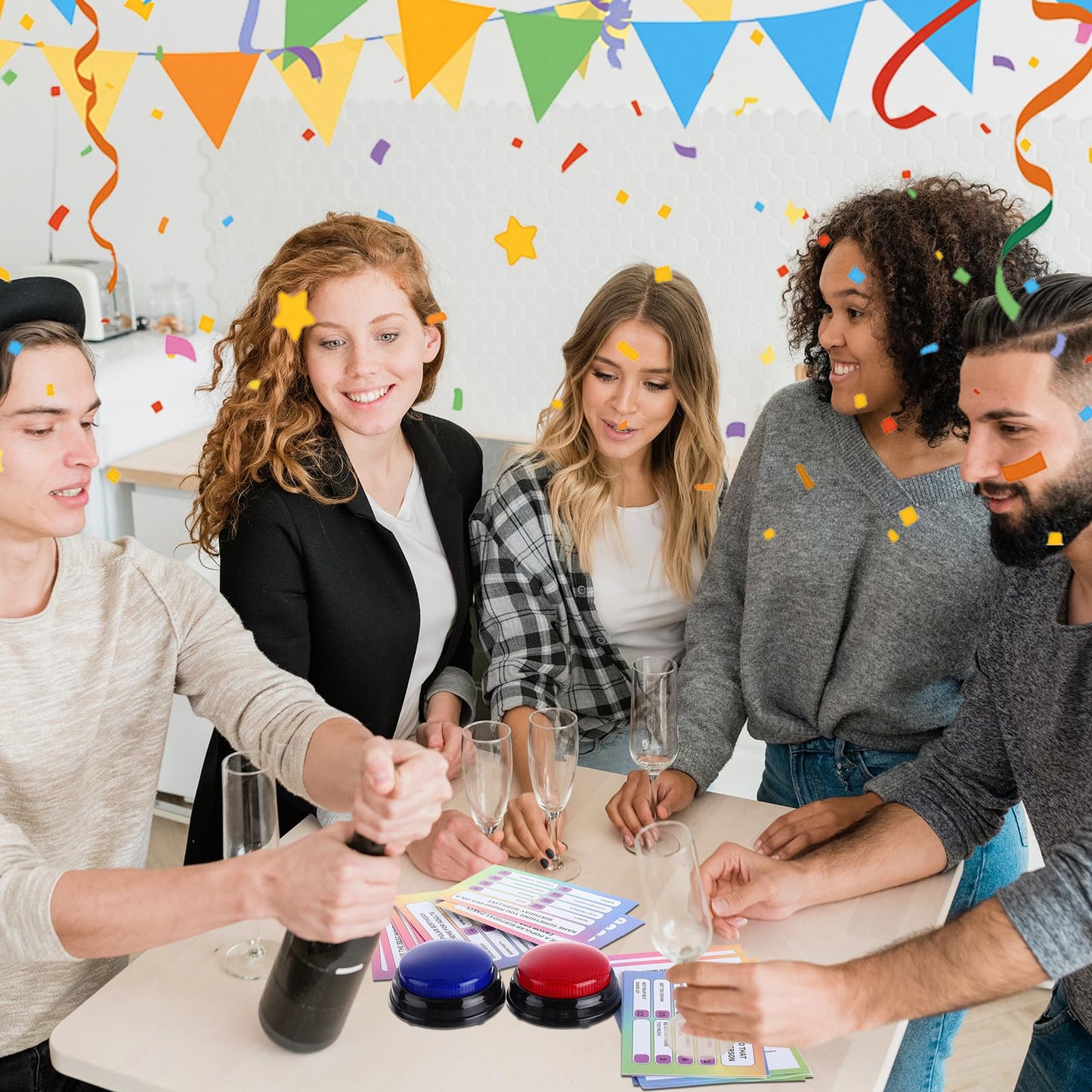 Soulchen Birthday Friendly Feud Game Set Birthday Party Game Trivia Quiz with Cards and 2 Buzzer for Family Home Games Activities Party Supplies, Battery Not Included