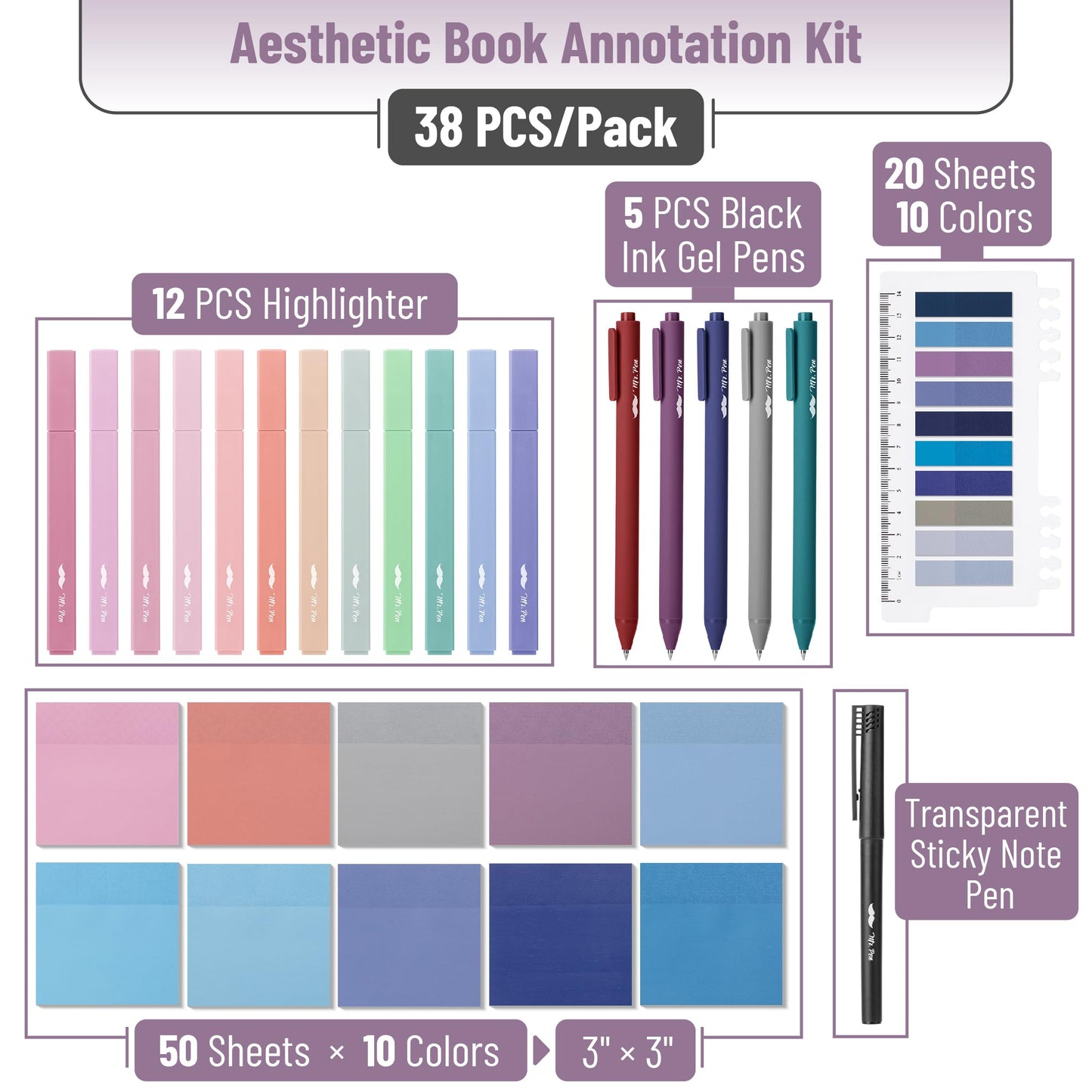Mr. Pen- Aesthetic Book Annotation Kit, 38 pcs, 12 No Bleed Aesthetic Highlighters, 5 Gel Pens Black Ink, 700 Transparent Sticky Notes & Tabs for Study, Bible Journaling, Planner, Office Supplies