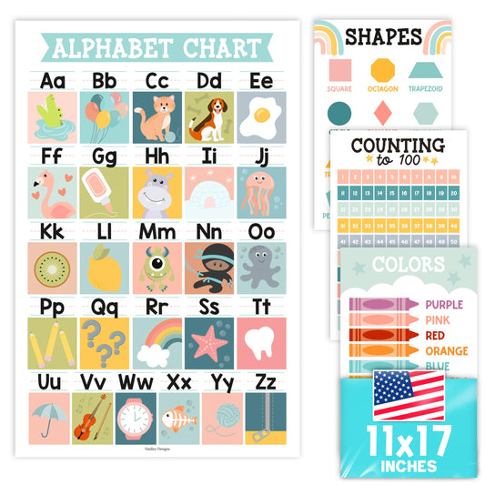 ABC Posters for Classroom Wall Decor - Laminated Educational Posters for Toddlers 1-3, Alphabet Poster 1-100 Number Chart Colors and Shapes Poster, Toddler Learning Poster, Muted Boho Classroom Decor