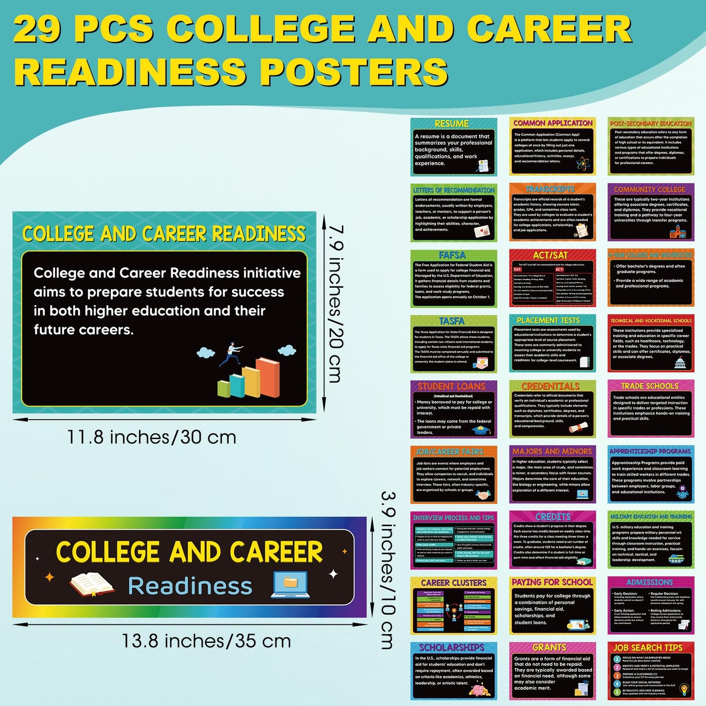 Outus 29 Pcs College and Career Readiness Posters Bulletin Board Kits for High School Classroom Decorations College Jobs and Career Interactive Bulletin Board Set Higher Educational Poster (Vibrant)
