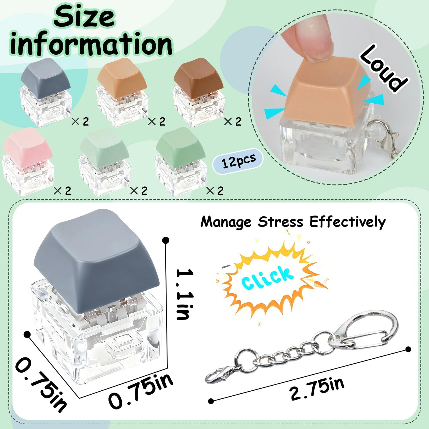 12 PCS Morandi Keyboard Fidget Toy for Kis Adult, Fidget Keychain Keyboard Decompression Button Finger Clicker Toys, Button Stress Relief Fidget Gifts Birthday Party Favors Goodie Bag Fillers