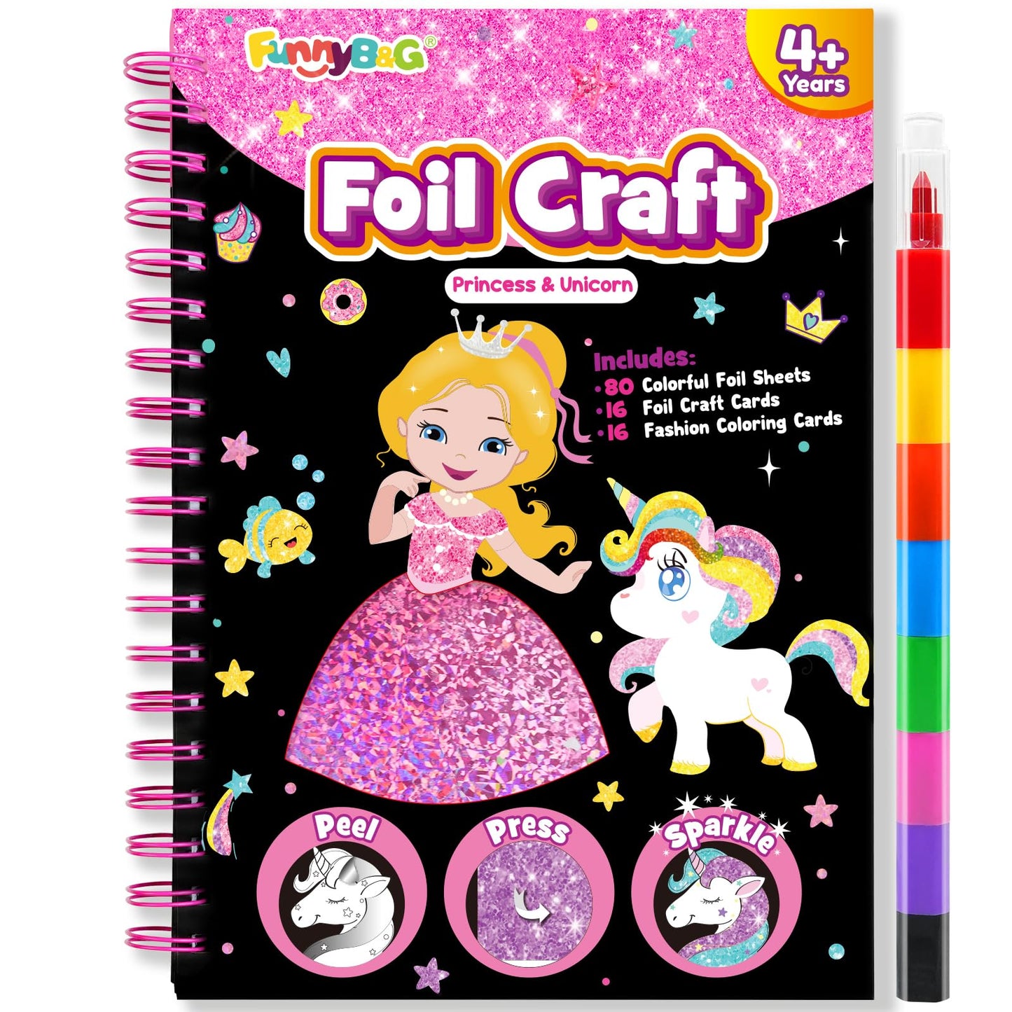 FUNNYB&G Foil Art Craft Kit for Girls 4-10 Years Old: Mess-Free & No-Glue, Create 16 Sparkly Princess Unicorn Pictures – Perfect Travel Toy & Birthday Gift for Kids (Princess)