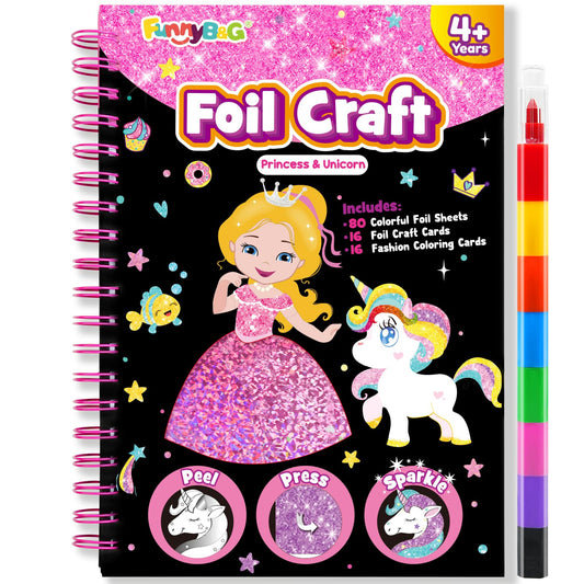 FUNNYB&G Foil Art Craft Kit for Girls 4-10 Years Old: Mess-Free & No-Glue, Create 16 Sparkly Princess Unicorn Pictures – Perfect Travel Toy & Birthday Gift for Kids (Princess)