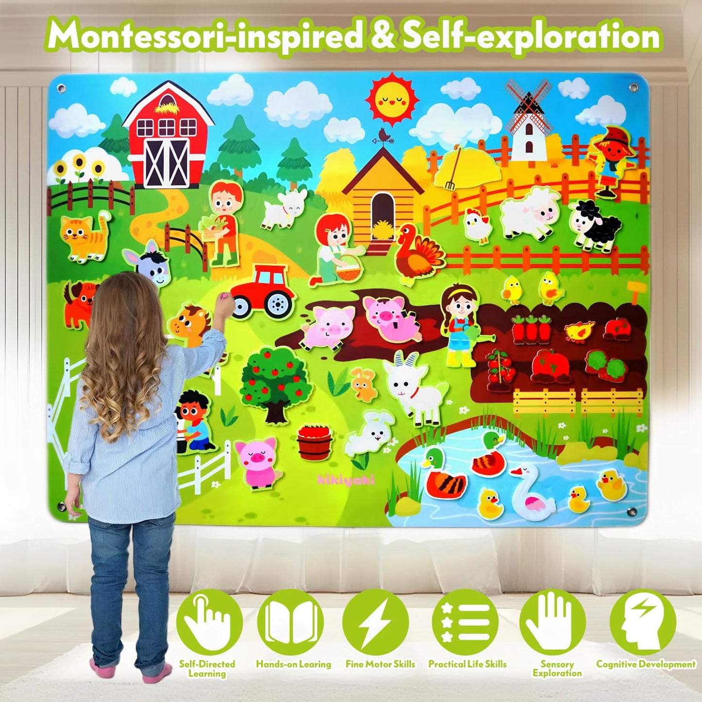 Kikiyaki Felt Board for Toddlers Play Farm Animals Story Sets, Large Wall Activity Busy Board for Kids, Montessori Toys, Barnyard Theme Interactive Sensory Toys, Preschool Learning Play Kit, Classroom