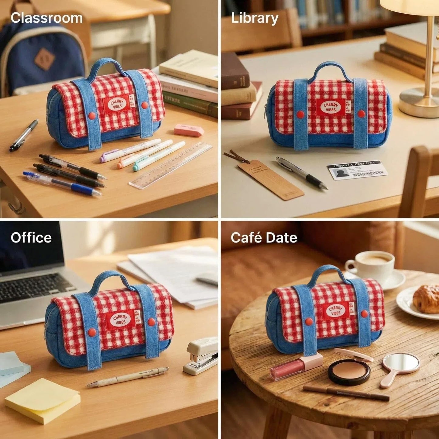 Haumei Cute Checkered Pencil Case, Red White Plaid with Denim Patchwork, Large Capacity Gingham Pattern Pen Bag with Handle, Big Stationery Organizer, Multi-Use Storage Pouch, 8.7x1.6x4.7 Inches, Blue