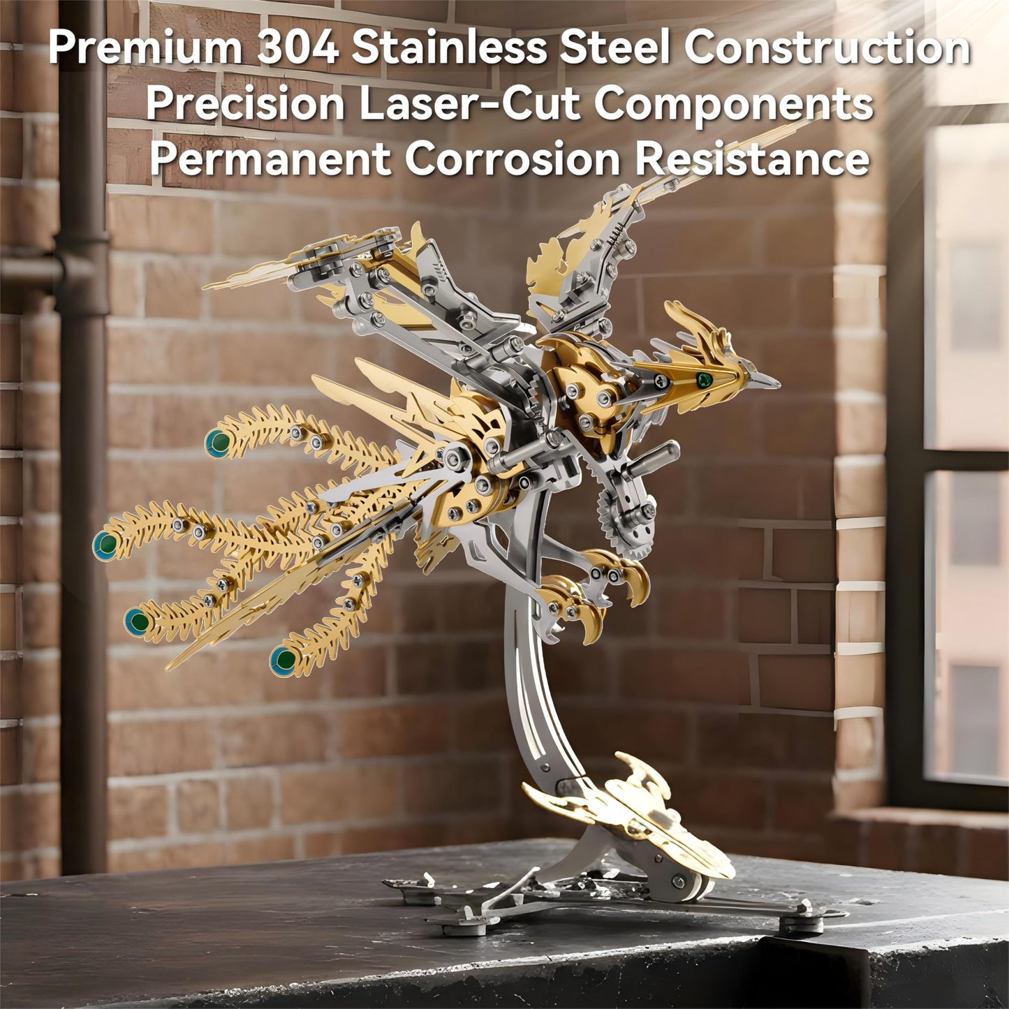Gold-Plated Metal Phoenix Model Kit - 3D Stainless Steel Mythical Bird Puzzle for Adults - Mechanical Firebird Figurine - Steampunk Kinetic Art Sculpture - Home Decor Gift(Phoenix-Gold)