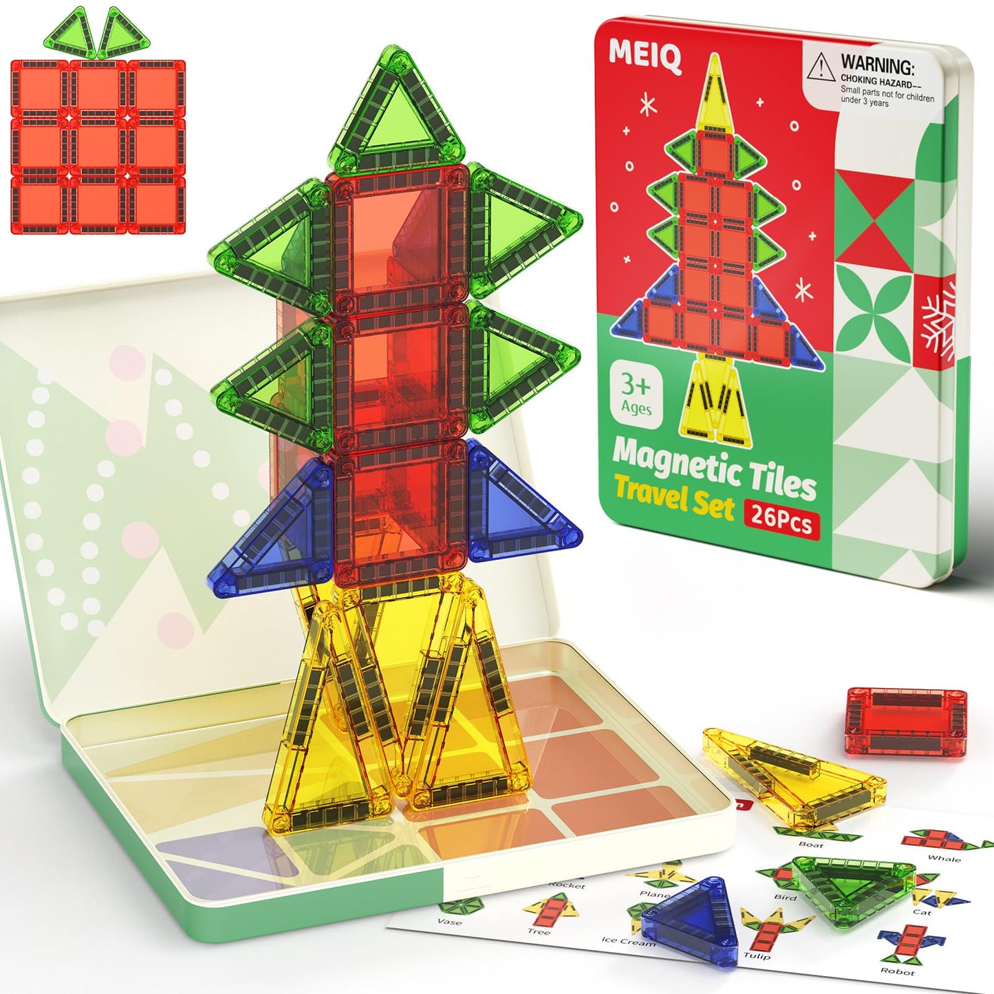MEIQ Travel Magnetic Tiles for Kids, 26 PCs Mini Magnetic Building Blocks with Festive Iron Storage Box, STEM Travel Toys for Toddlers Ages 3-5+, Educational Learning Gift for Boys & Girls