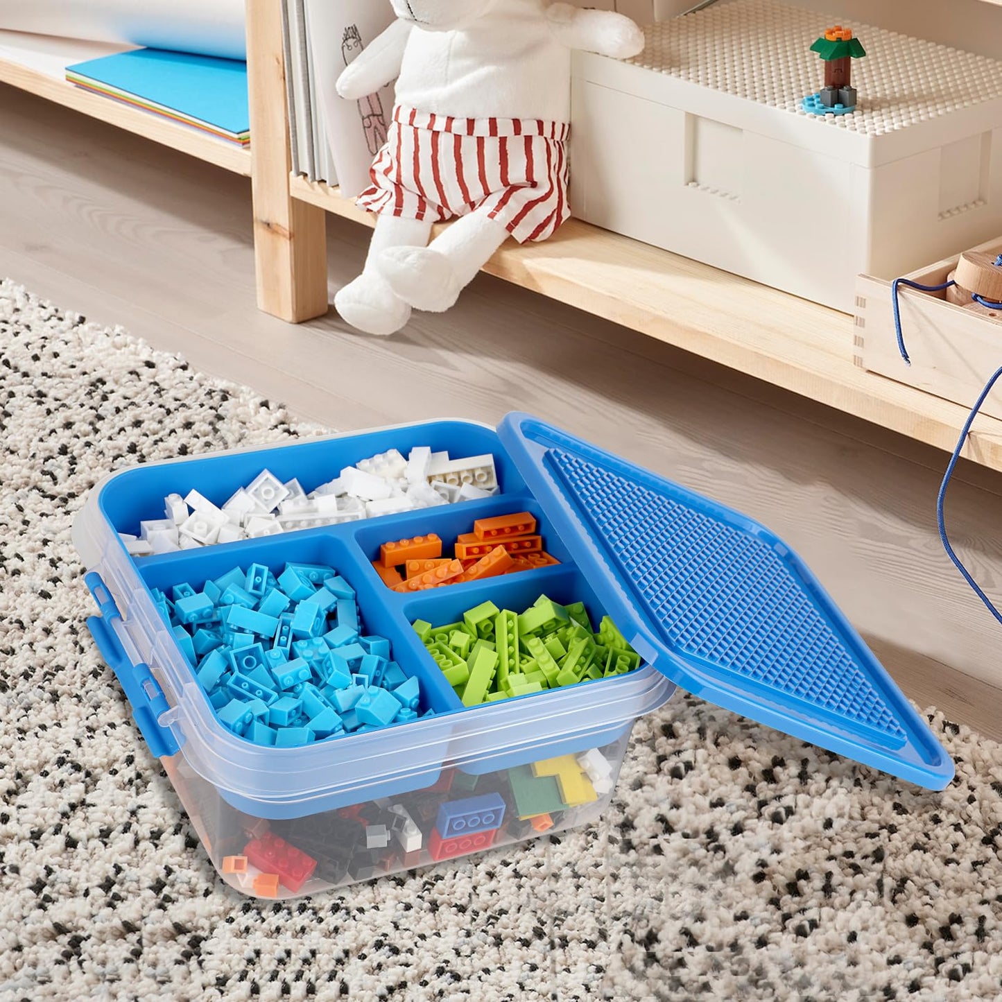 OGANAZI Plastic Storage Container with Bricks Baseplate Lid for Building Blocks, Bricks Building Set Organization Bin with Compartments Tray, Stackable Storage Box Building Block Chest Case (Blue)