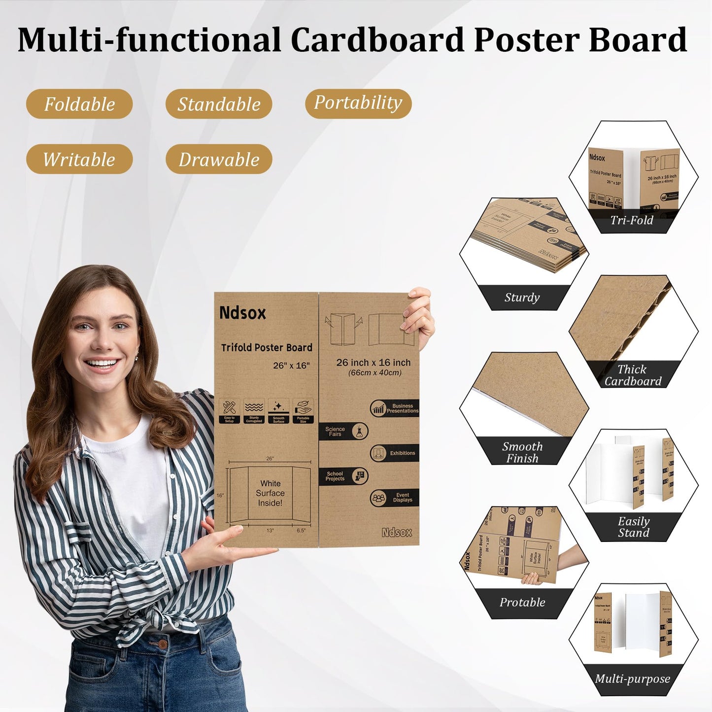 Ndsox 4 Pack 26" x 16" White Trifold Poster Board Medium Size Corrugated Tri Fold Project Poster Boards Science Fair Display Posterboards for Business Presentations, Event Displays, Art Exhibitions