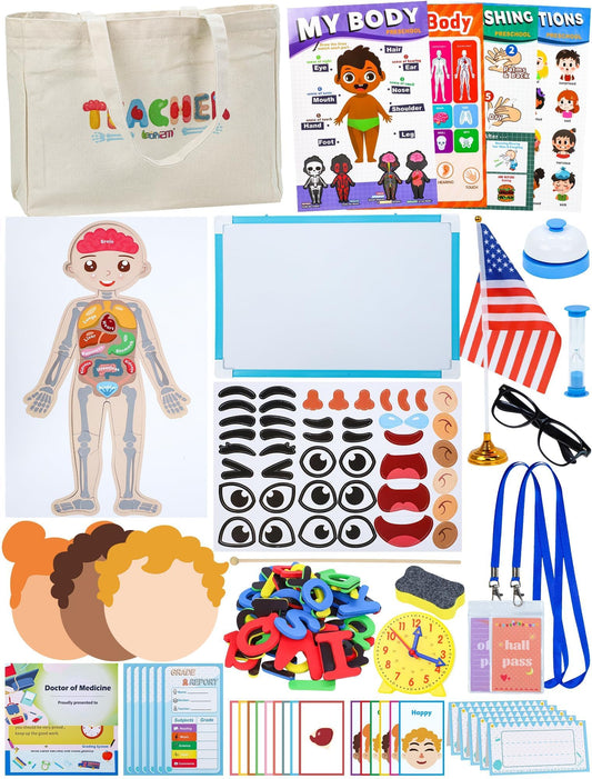 Learn2M Pretend Play Teacher Sets for Kids, Role Pretend Play Kids School Toys with Whiteboard, Teacher Bag, Magnetic Puzzles, Clock, Posters and Teacher Supplies Classroom Learning Set