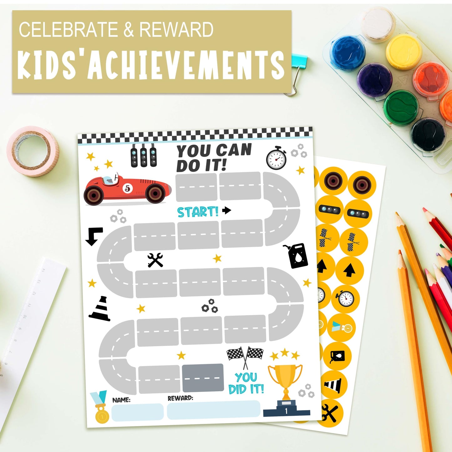 10 Racing Car Reward Chart with 216 Round Stickers, Incentive Behavior Chart for Kids at Home Classroom, Kids Routine Daily Chore Sticker Chart-A08