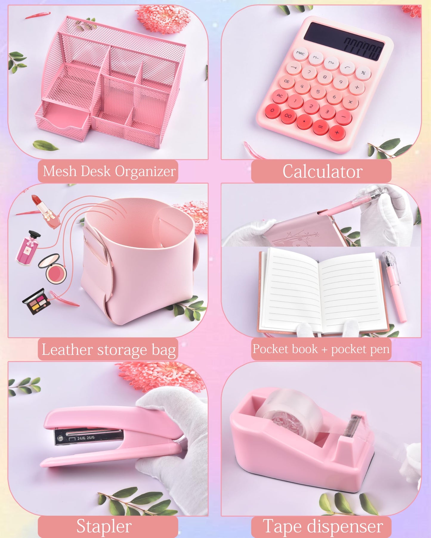 23pc Pink Desk Accessories and Organizers with Mesh Organizer Stapler Tape Dispenser Calculator and a Lot of Office Pink Office Supplies Beautifully Presented in a Gift Box