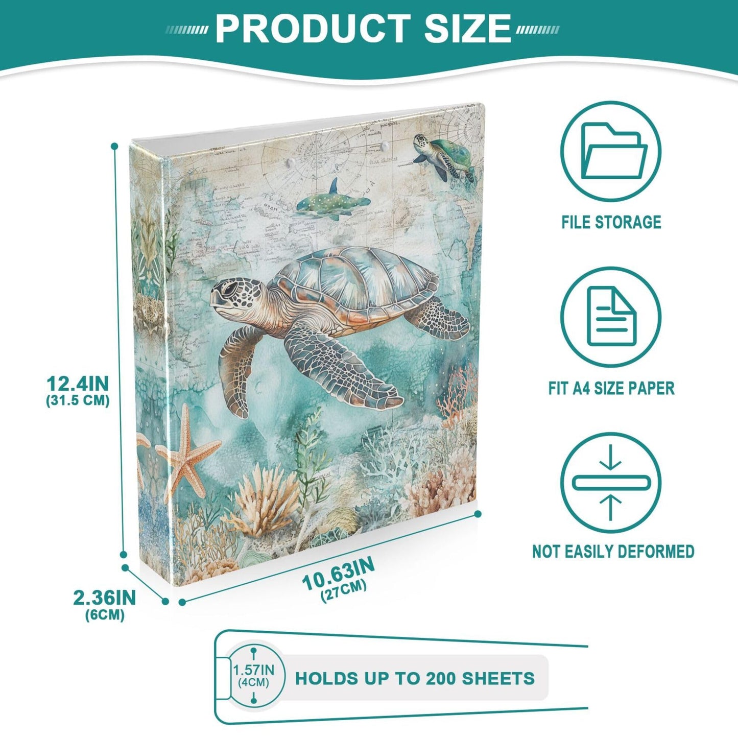 Sea Turtle Shell Starfish Coral Round Ring Binders 1.5 Inch Whale Nautical Ocean Theme 3 Ring Clipboard Binder for Office School Work Supplies File Folder 200 Sheet Capacity