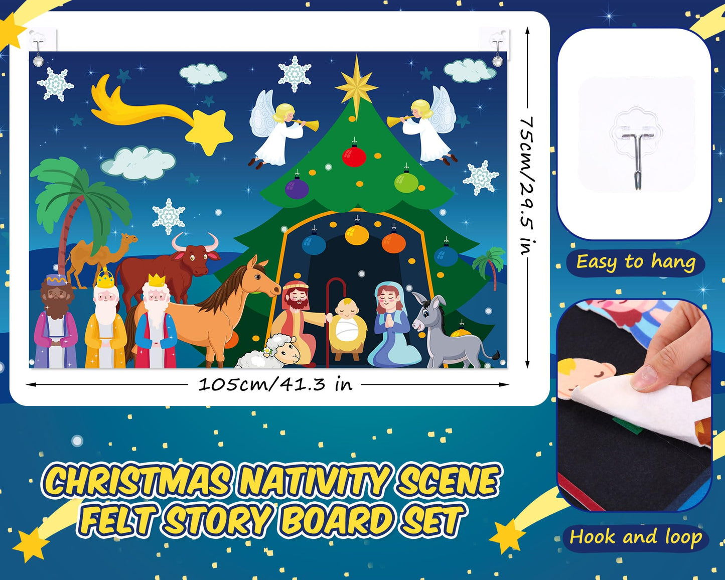 Yexiya Christmas Nativity Scene Felt Story Board Set for Toddlers Children, 3.4 Feet Nativity Crafts for Kids Preschool Sunday School Decorations Reusable Wall Hanging Gift for Boys Girls (Fresh)