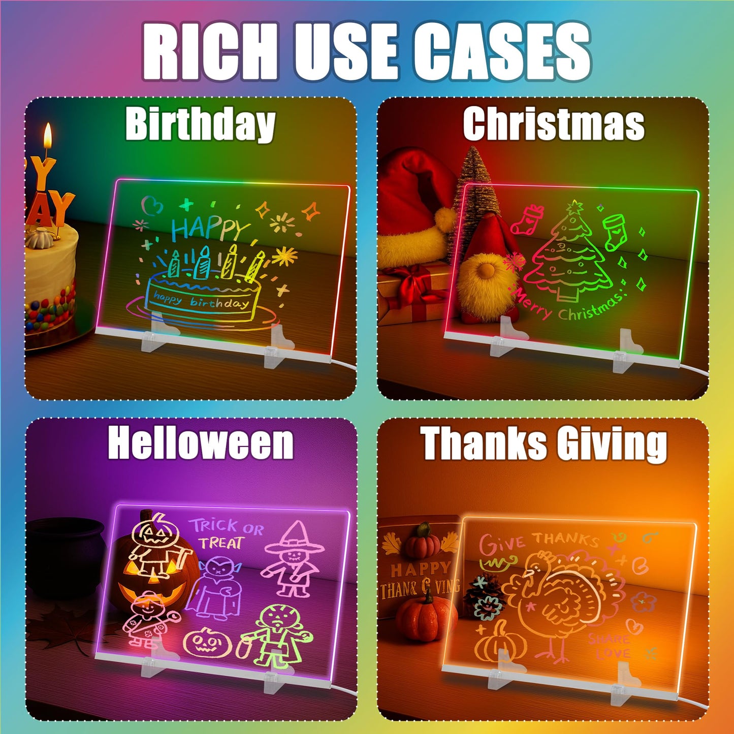 Scratch‑Proof Glass LED Drawing Board with 16 Million Colors & 256 Dynamic Effects, LED Note Board with Colors, Light Up Drawing Board with 12 Pens, Cleaning Cloth & Gloves, 11.81’’X7.87’’