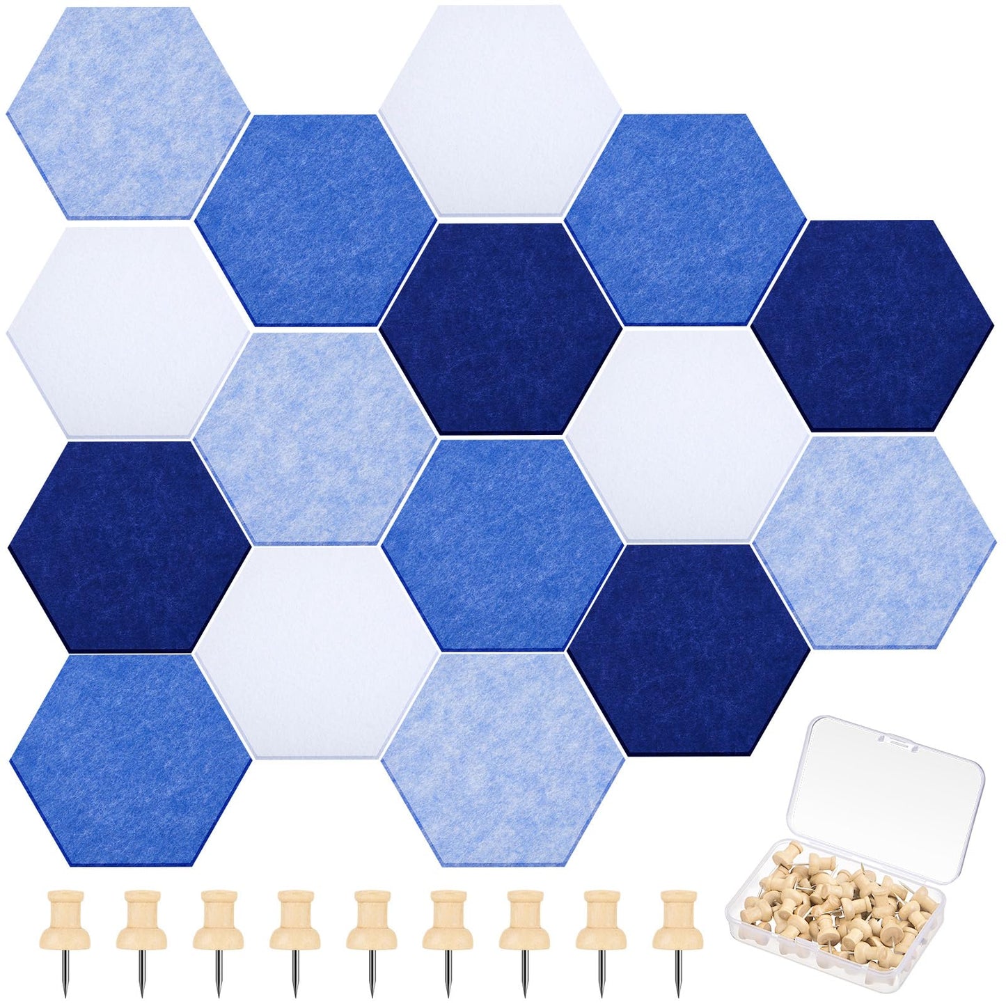 Mindsoft 16 Pcs Hexagon Cork Board for Walls with 50 Wooden Push Pins 6.7 x 5.9 in Felt DIY Tiles Notice with Nano Tape Hanging Bulletin Board for Home Photo Office Memo Note (Blue)