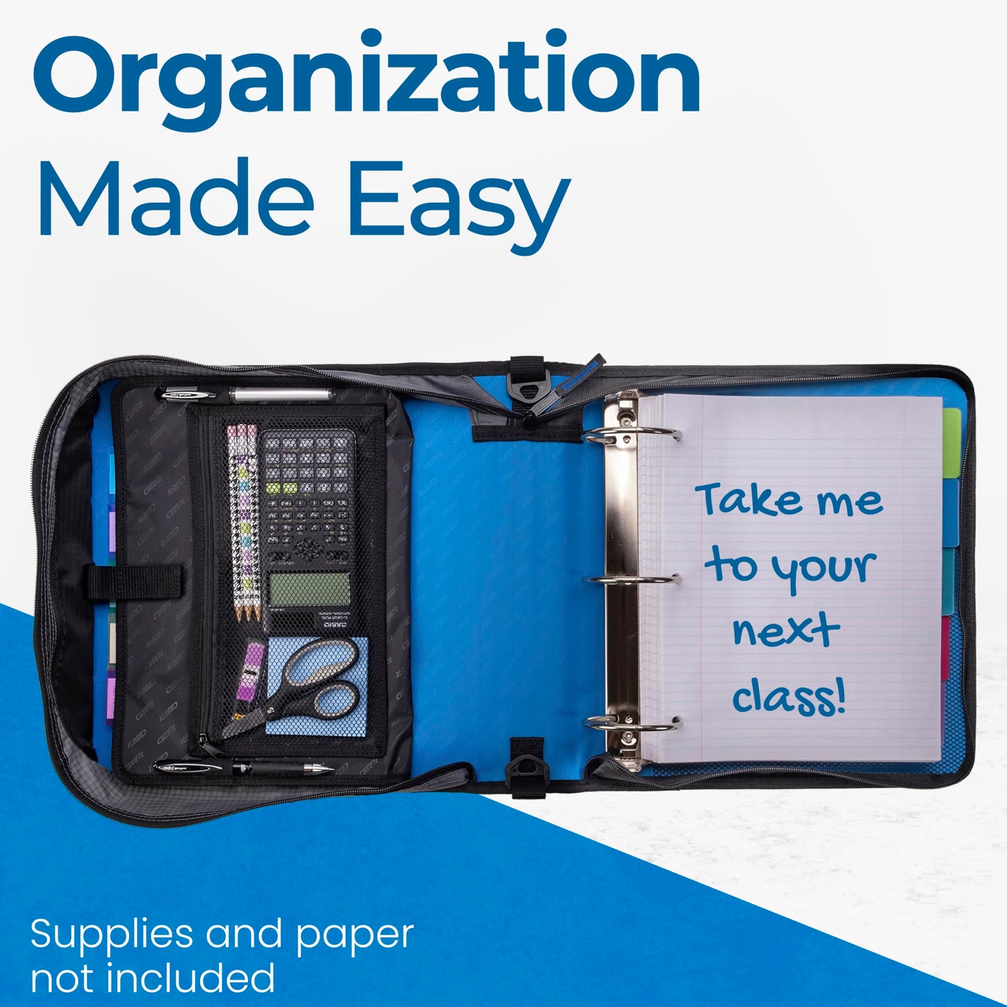 Case-it Mighty Zip Tab Zipper Binder, 3" O-Ring with 5-Color tabbes, Expanding File Folder and Shoulder Strap and Handle, D-146-Denim Blue