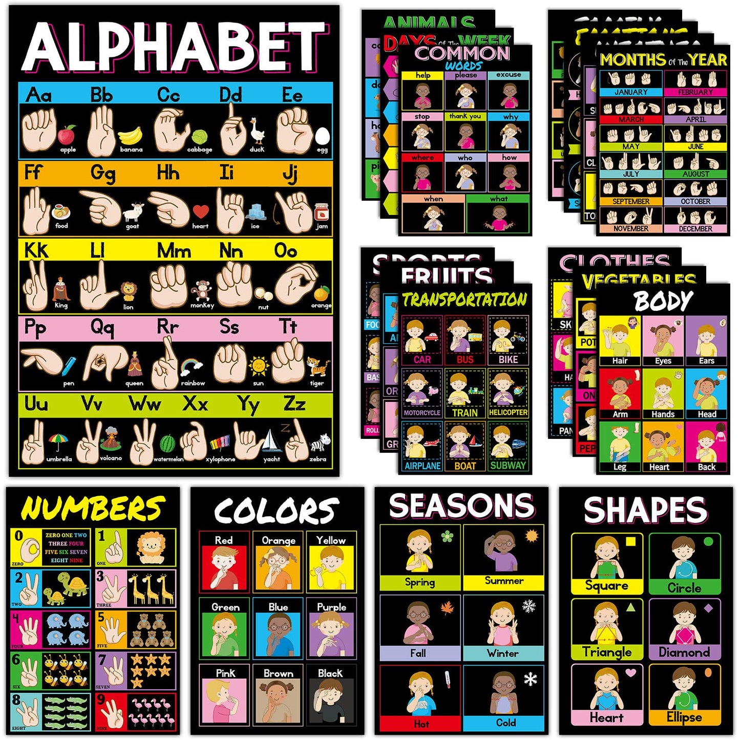 gisgfim 18 Pieces ASL Poster America Sign Language Poster ASL Study Charts for Classroom Education Posters Sign Language for Primary School Toddlers Kids Students Classroom Decor (Black)