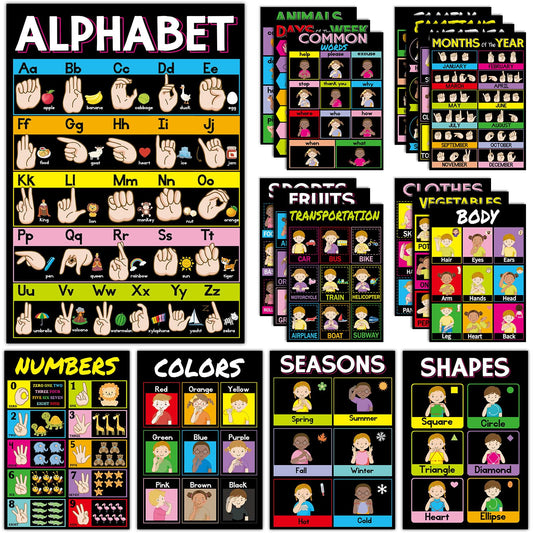 gisgfim 18 Pieces ASL Poster America Sign Language Poster ASL Study Charts for Classroom Education Posters Sign Language for Primary School Toddlers Kids Students Classroom Decor (Black)