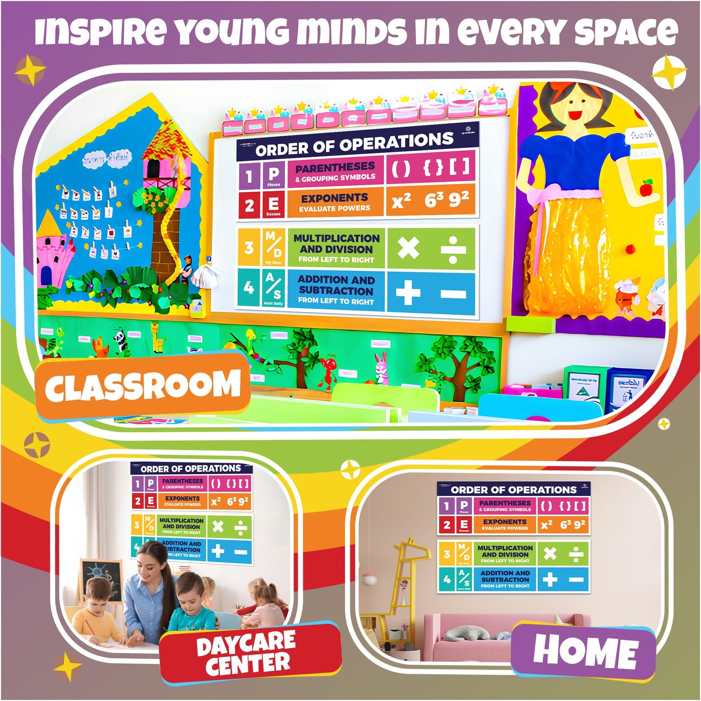 Sproutbrite 2 Pack 13.5" x 39" PEMDAS Order of Operations Posters – Large Educational Math Classroom Banners for Elementary & Middle School, Helps Students Apply the Correct Order of Operations Consistently