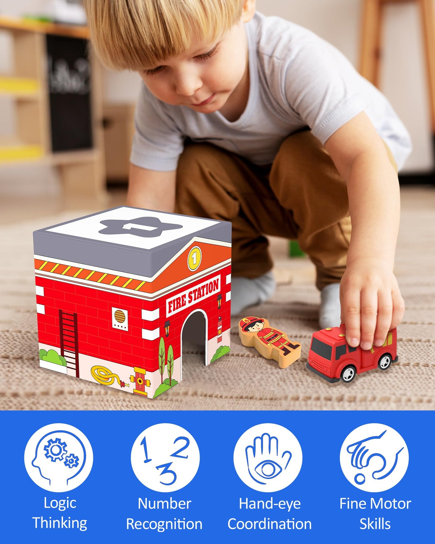 Coogam Montessori Sorting & Stacking Blocks with Nesting Garages Cars, Stackable Number Boxes for Toddlers Learning Community Helpers, Preschool Educational Toy Gift for 2 3 4 Year Old Baby
