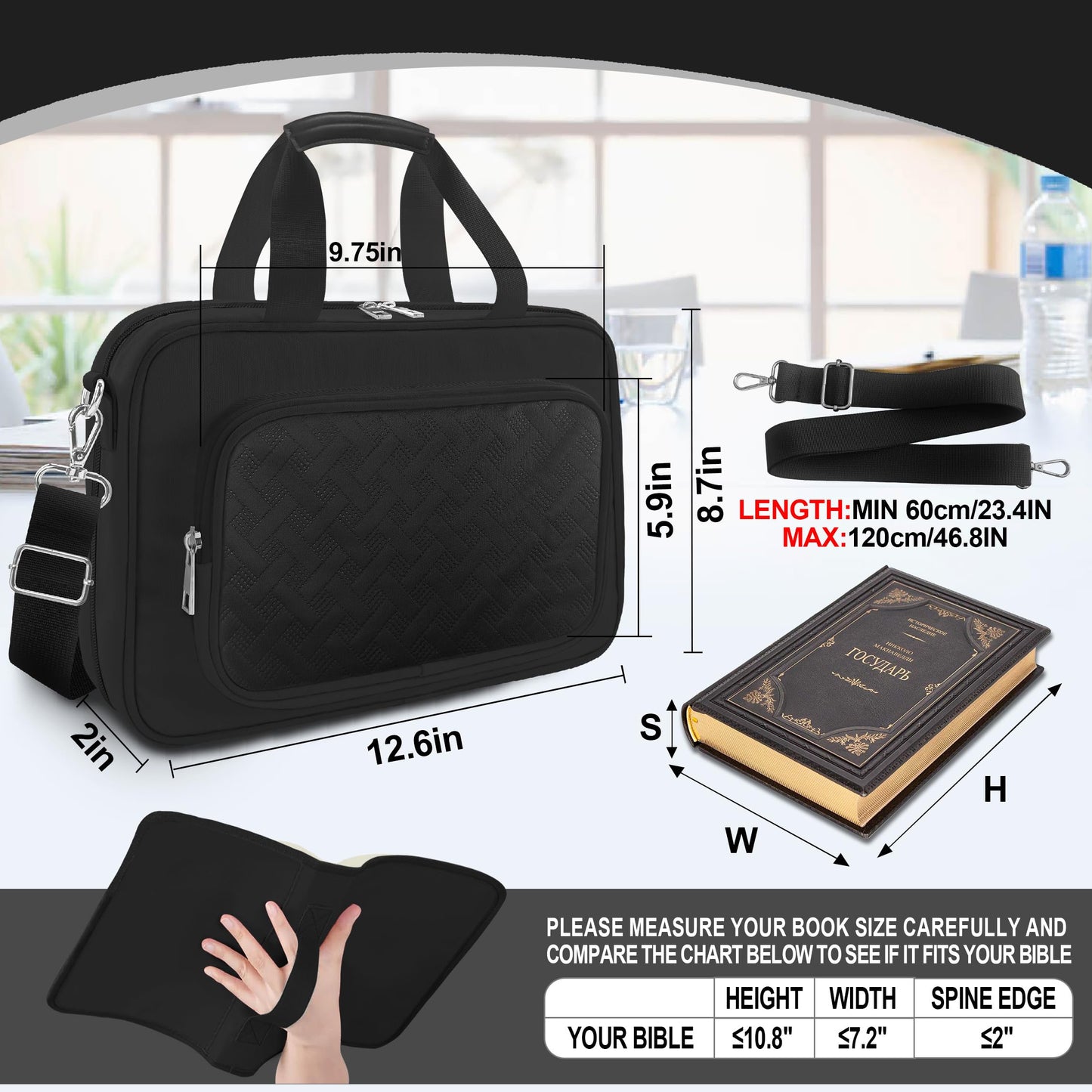 LAOTANGJIA Large Bible Cover Case for Mens Boys Women Organizer, Church Bag Book Carrying Case with Highlighters Shoulder Strap Pens Cross Clip Study Supplies Journaling Kit, Christian Gifts Black