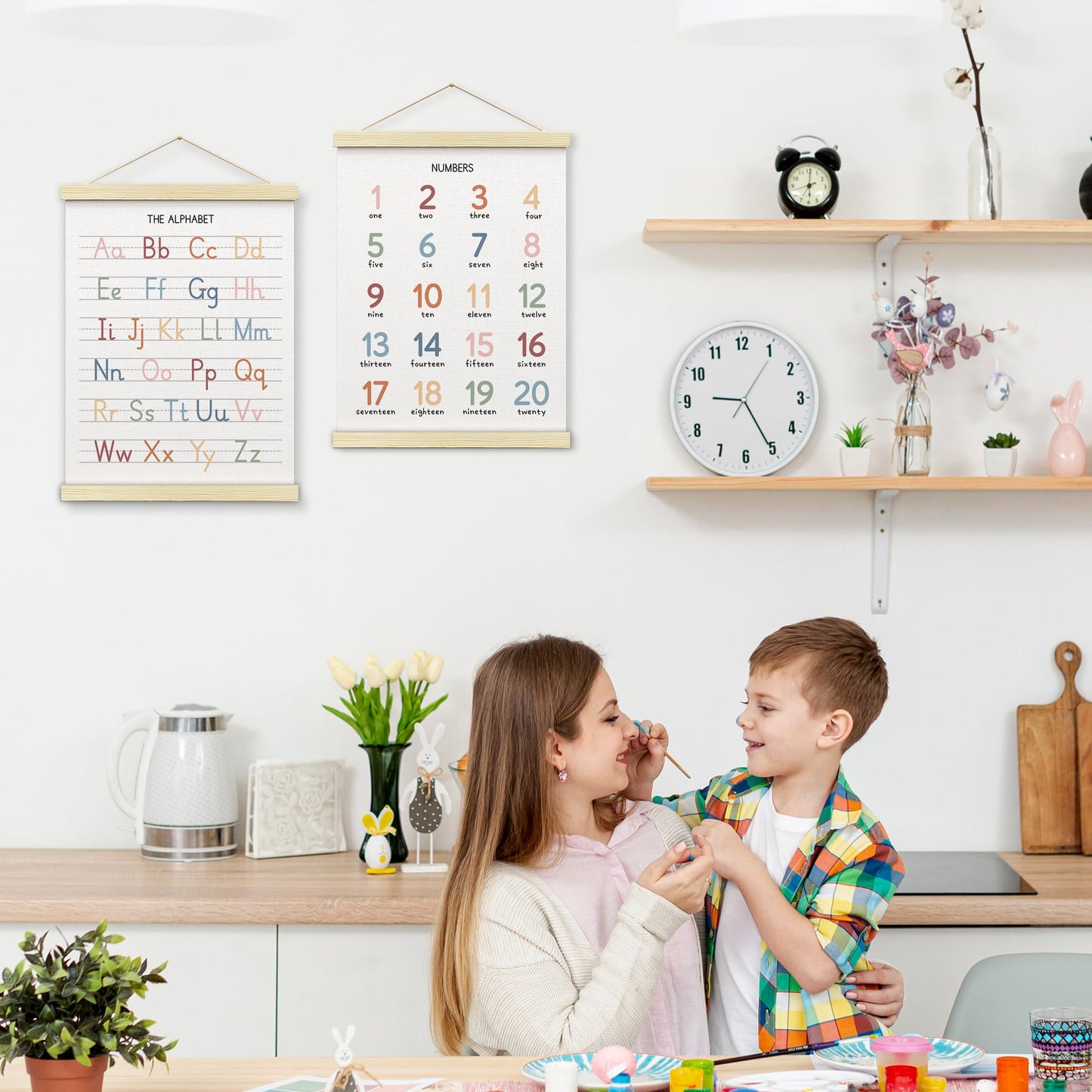 BONETAT Numbers alphabet poster for Nursery Toddlers, Play Room Wall Decor, ABC Wall Chart, Wall Hanging Decor for Toddler Playroom Decor Kids Wall Decor, Wooden Alphabet Banner-A02