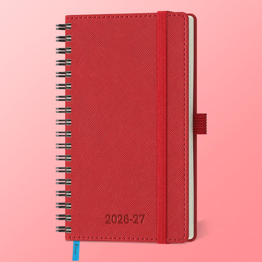 IN-LUXPRO Planner 2026-2027 Daily Weekly and Monthly,6.5"x3.75",18 Months Spiral Bound Calendar Agenda with Self-adhesive Pen Holder,2026 Academic Plan with Vegan Leather Soft Cover,Red