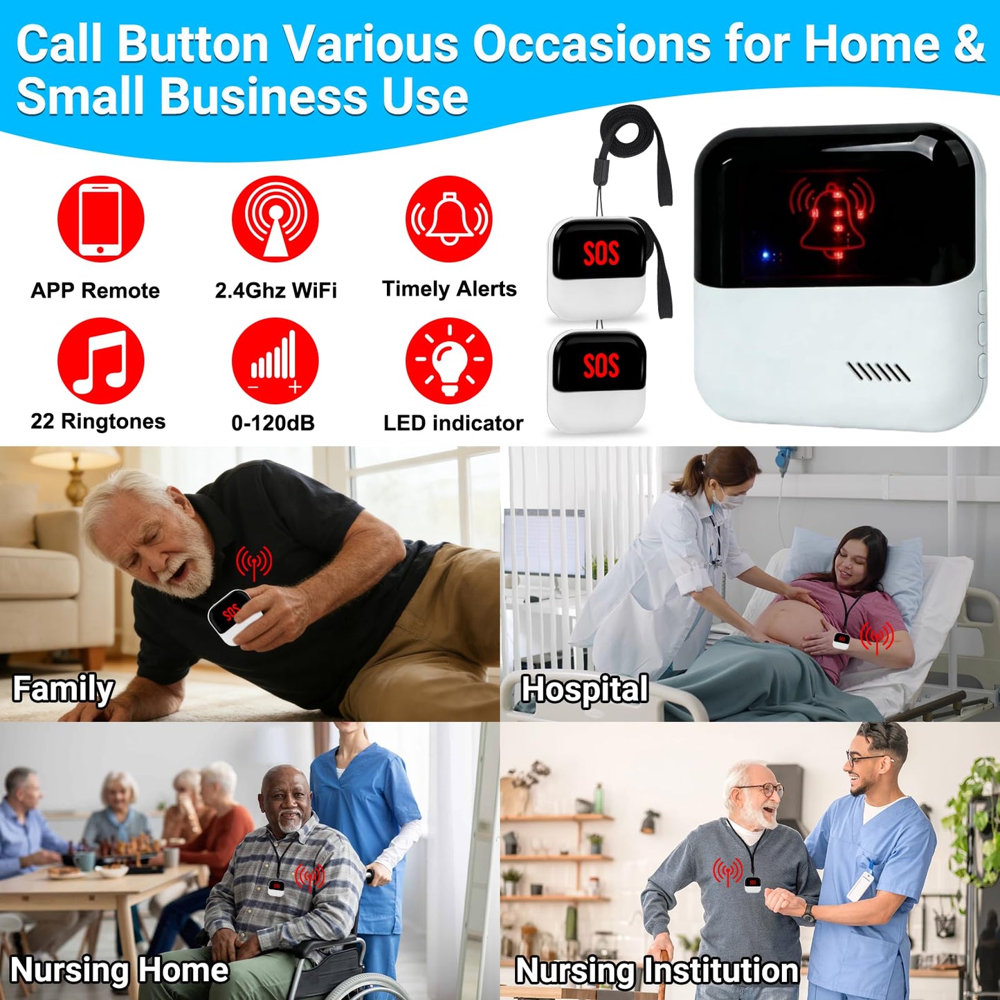 Frexiol WiFi Caregiver Pager Medical Alert Systems for Seniors No Monthly Fee App Control Alert Button for Seniors at Home,2 Call Button and 1 Receiver,for Elderly,Patients,Disabled