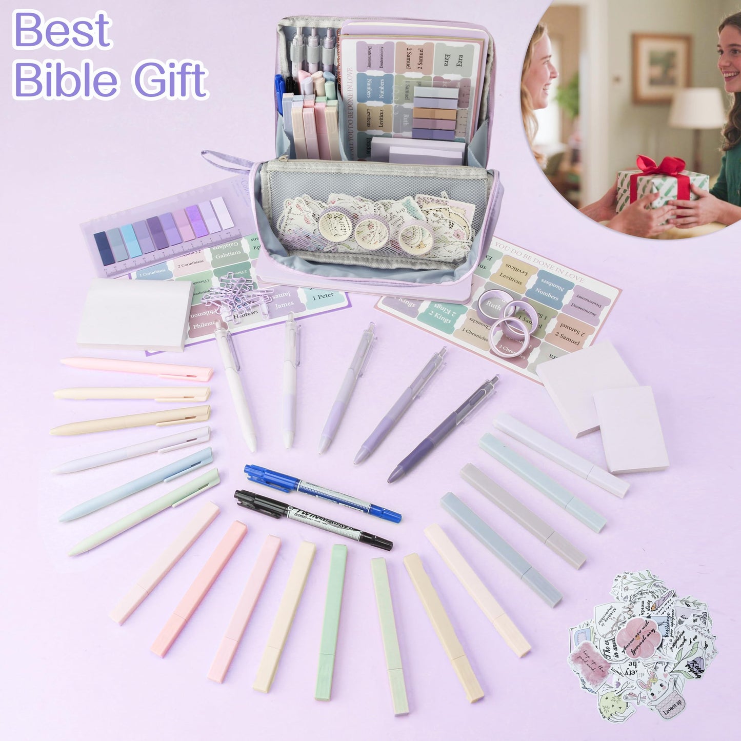 J6&H6 170Pcs Complete Bible Study Supplies, Bible Journaling Kit, Foldable Pencil Case with 75 Tabs,12 Pastel Bible Highlighters More Bible Accessories Set for Women, Beginner Christian Gifts (Purple)