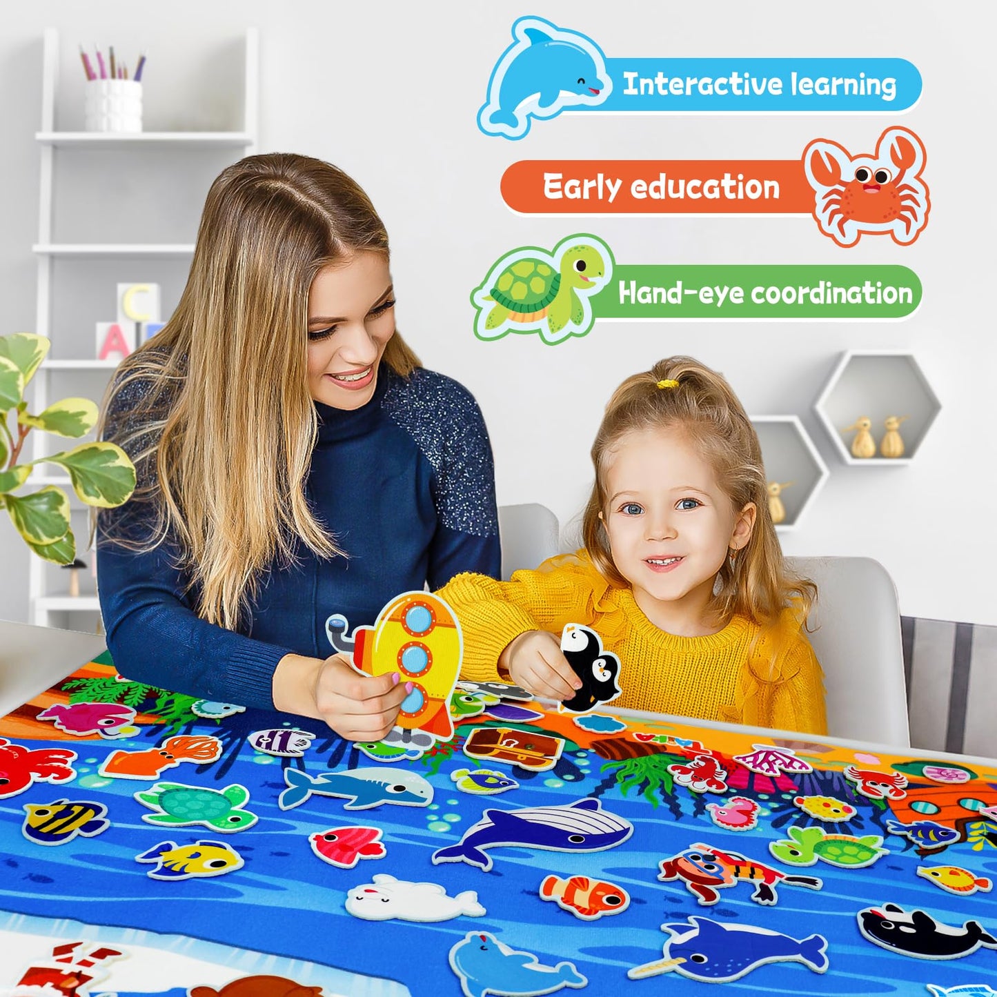 Taika 70 Pcs Ocean Felt Story Board Set, 43x28 inch Interactive Felt Story, Fuzzy Flannel Board, Preschool Storytelling, Classroom Educational Learning Play Kit, Interactive Teaching Kit