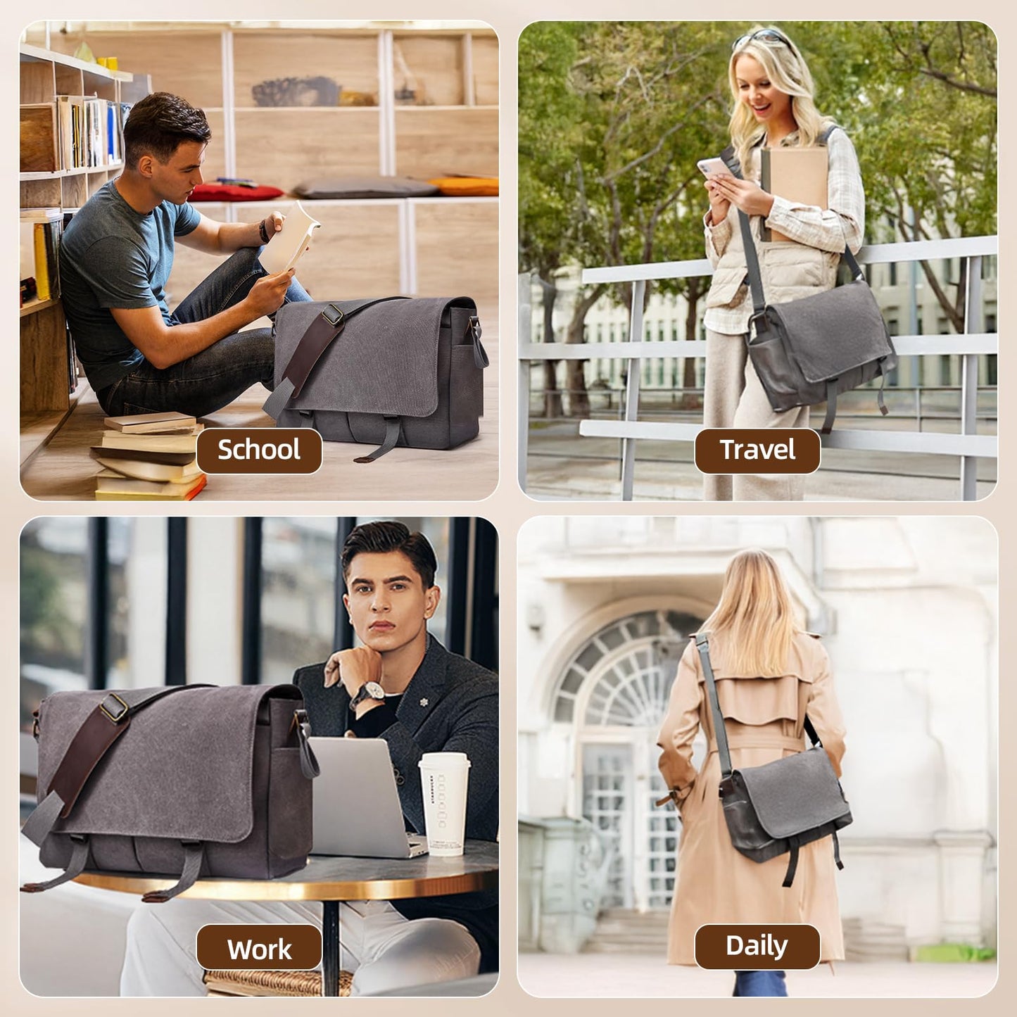 Messenger Bag for men Laptop Bag UnisexRetro Canvas Bag14-15.6 inches Casual single shoulder bag For Work College Travel (grey)